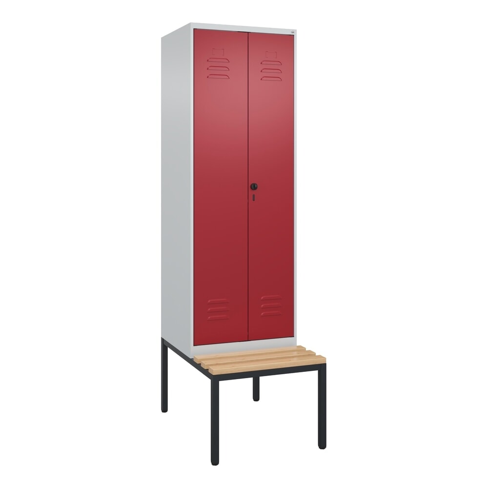 Produktabbildung Nr. 8: C+P PSA Doppel-Spind Classic PLUS, 2 Abteile, HxBxT 2.120 x 600 x 815 mm, für Vorhängeschloss, untergebaute Bank aus Buche, lichtgrau, rubinrot