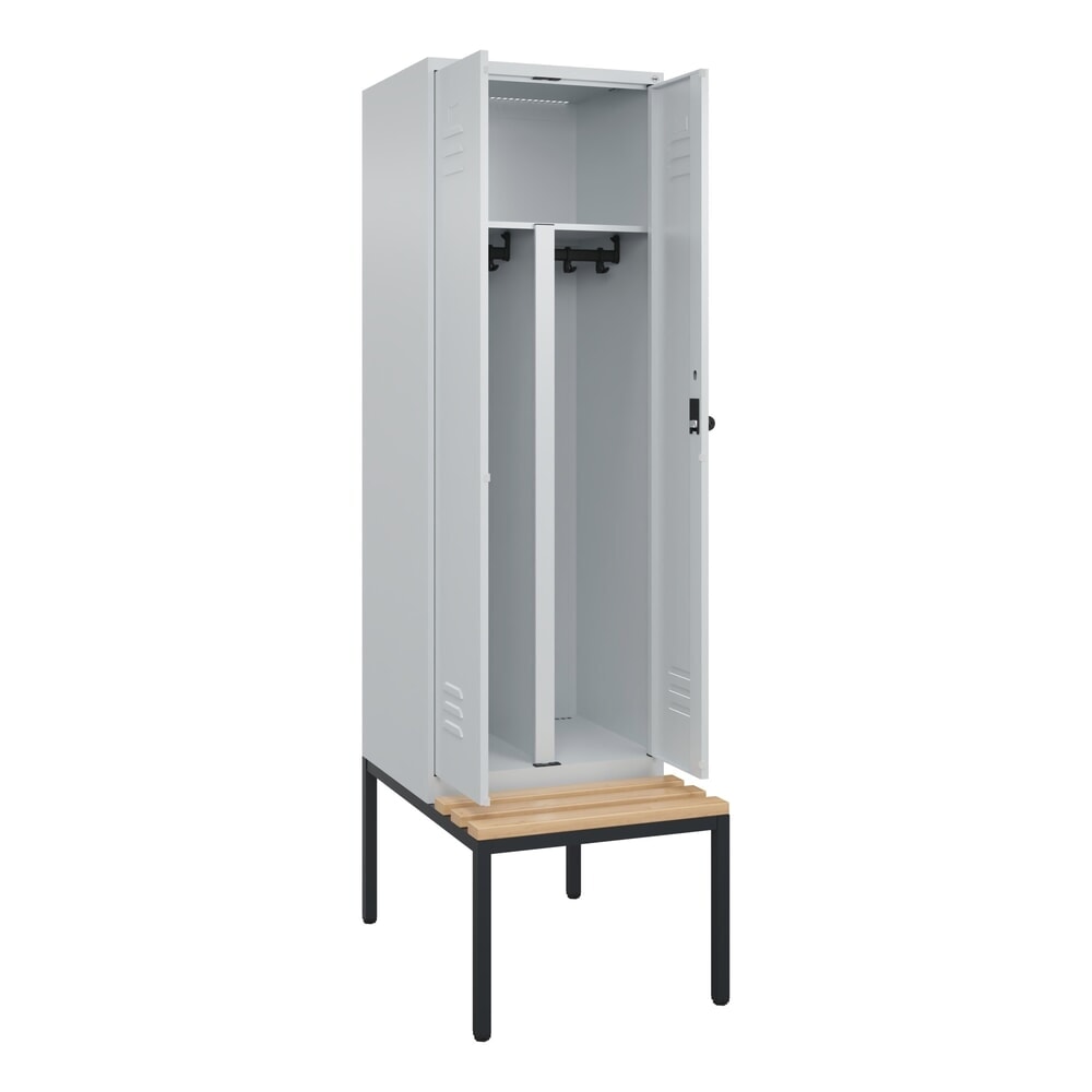 Produktabbildung: C+P PSA Doppel-Spind Classic PLUS, 2 Abteile, HxBxT 2.120 x 600 x 815 mm, für Vorhängeschloss, untergebaute Bank aus Buche, lichtgrau, lichtgrau