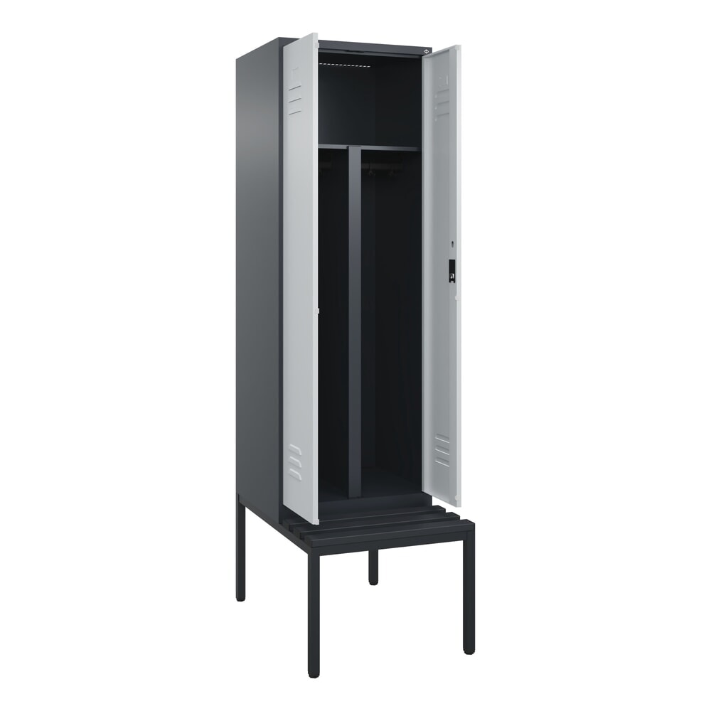 Produktabbildung: C+P PSA Doppel-Spind Classic PLUS, 2 Abteile, HxBxT 2.120 x 600 x 815 mm, Zylinderschloss, untergebaute Bank aus Kunststoff, anthrazitgrau, lichtgrau