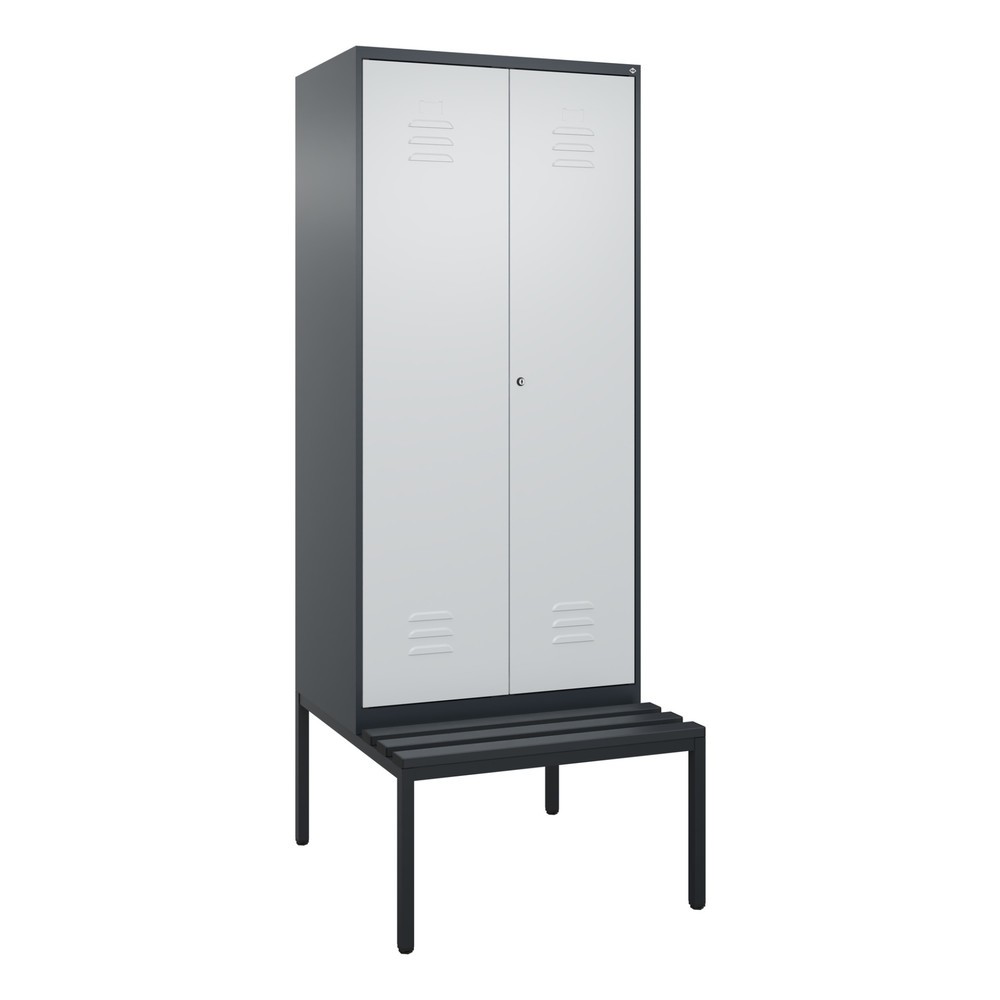 Produktabbildung: C+P PSA Doppel-Spind Classic PLUS, 2 Abteile, HxBxT 2.120 x 800 x 815 mm, Zylinderschloss, untergebaute Bank aus Kunststoff, anthrazitgrau, lichtgrau