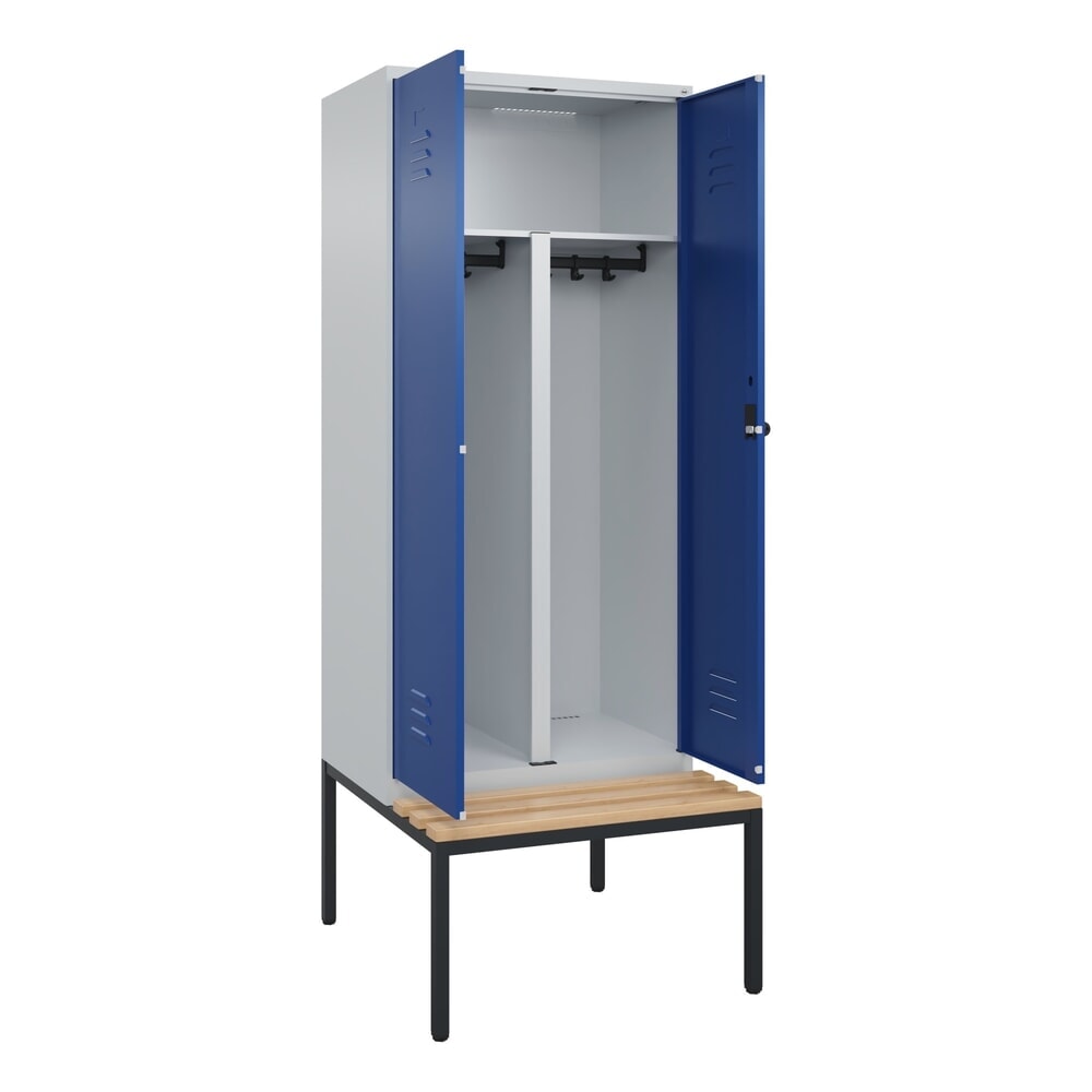 Produktabbildung: C+P PSA Doppel-Spind Classic PLUS, 2 Abteile, HxBxT 2.120 x 800 x 815 mm, für Vorhängeschloss, untergebaute Bank aus Buche, lichtgrau, enzianblau