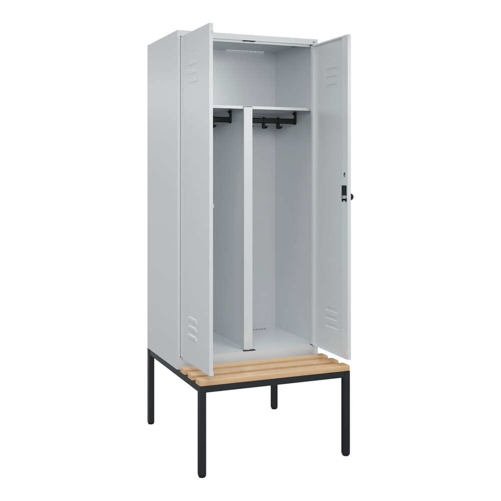 Produktabbildung: C+P PSA Doppel-Spind Classic PLUS, 2 Abteile, HxBxT 2.120 x 800 x 815 mm, für Vorhängeschloss, untergebaute Bank aus Buche, lichtgrau, lichtgrau