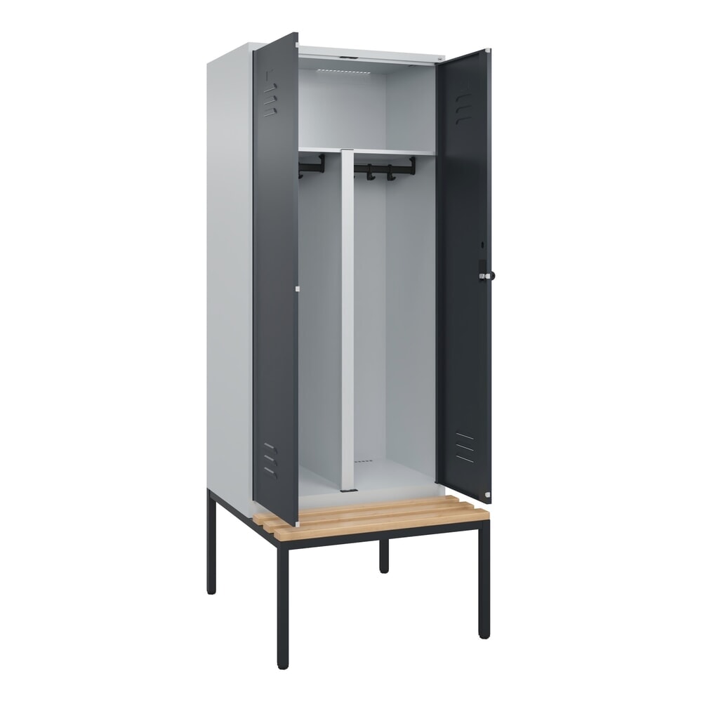 Produktabbildung: C+P PSA Doppel-Spind Classic PLUS, 2 Abteile, HxBxT 2.120 x 800 x 815 mm, für Vorhängeschloss, untergebaute Bank aus Buche, lichtgrau, anthrazitgrau