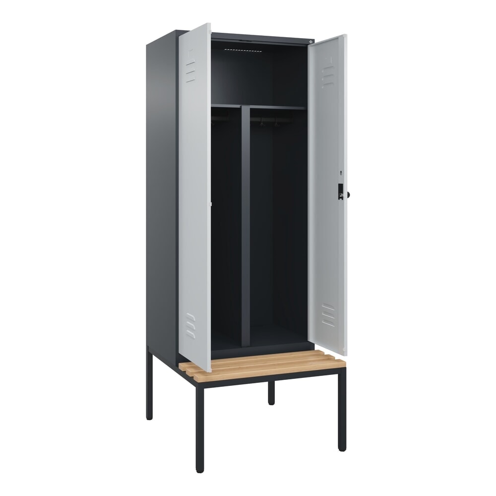 Produktabbildung: C+P PSA Doppel-Spind Classic PLUS, 2 Abteile, HxBxT 2.120 x 800 x 815 mm, für Vorhängeschloss, untergebaute Bank aus Buche, anthrazitgrau, lichtgrau