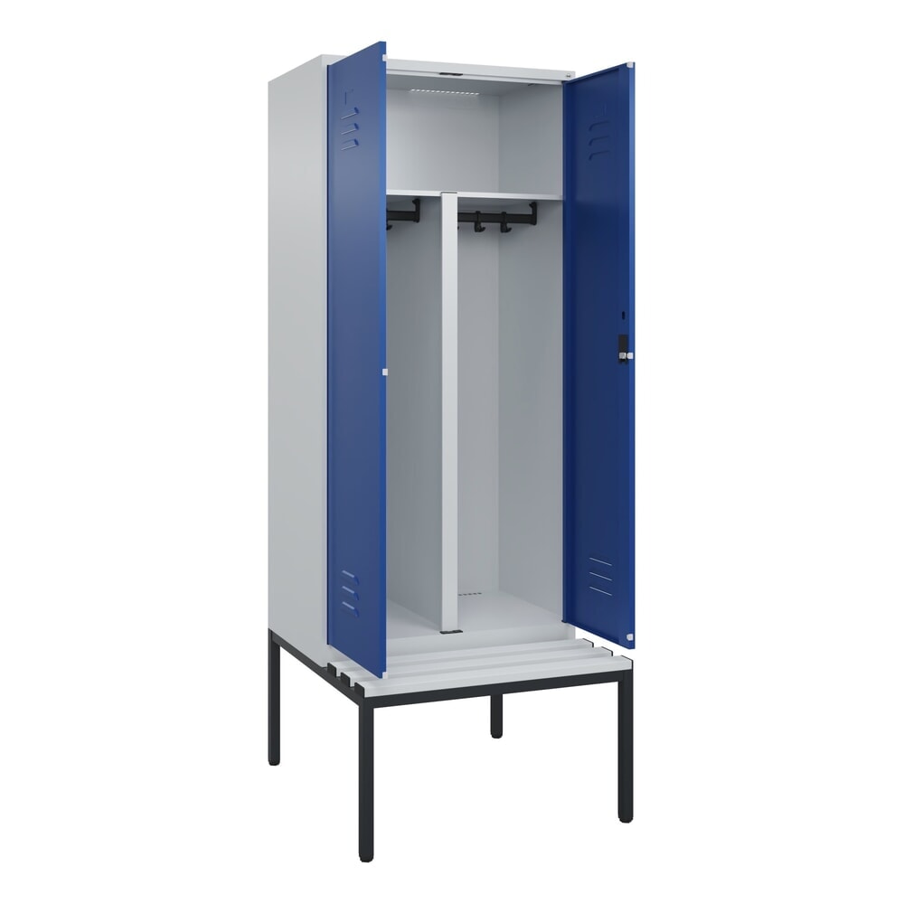 Produktabbildung: C+P PSA Doppel-Spind Classic PLUS, 2 Abteile, HxBxT 2.120 x 800 x 815 mm, Zylinderschloss, untergebaute Bank aus Kunststoff, lichtgrau, enzianblau