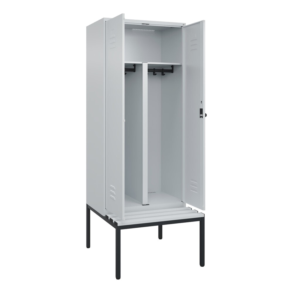 Produktabbildung: C+P PSA Doppel-Spind Classic PLUS, 2 Abteile, HxBxT 2.120 x 800 x 815 mm, für Vorhängeschloss, untergebaute Bank aus Kunststoff, lichtgrau, lichtgrau