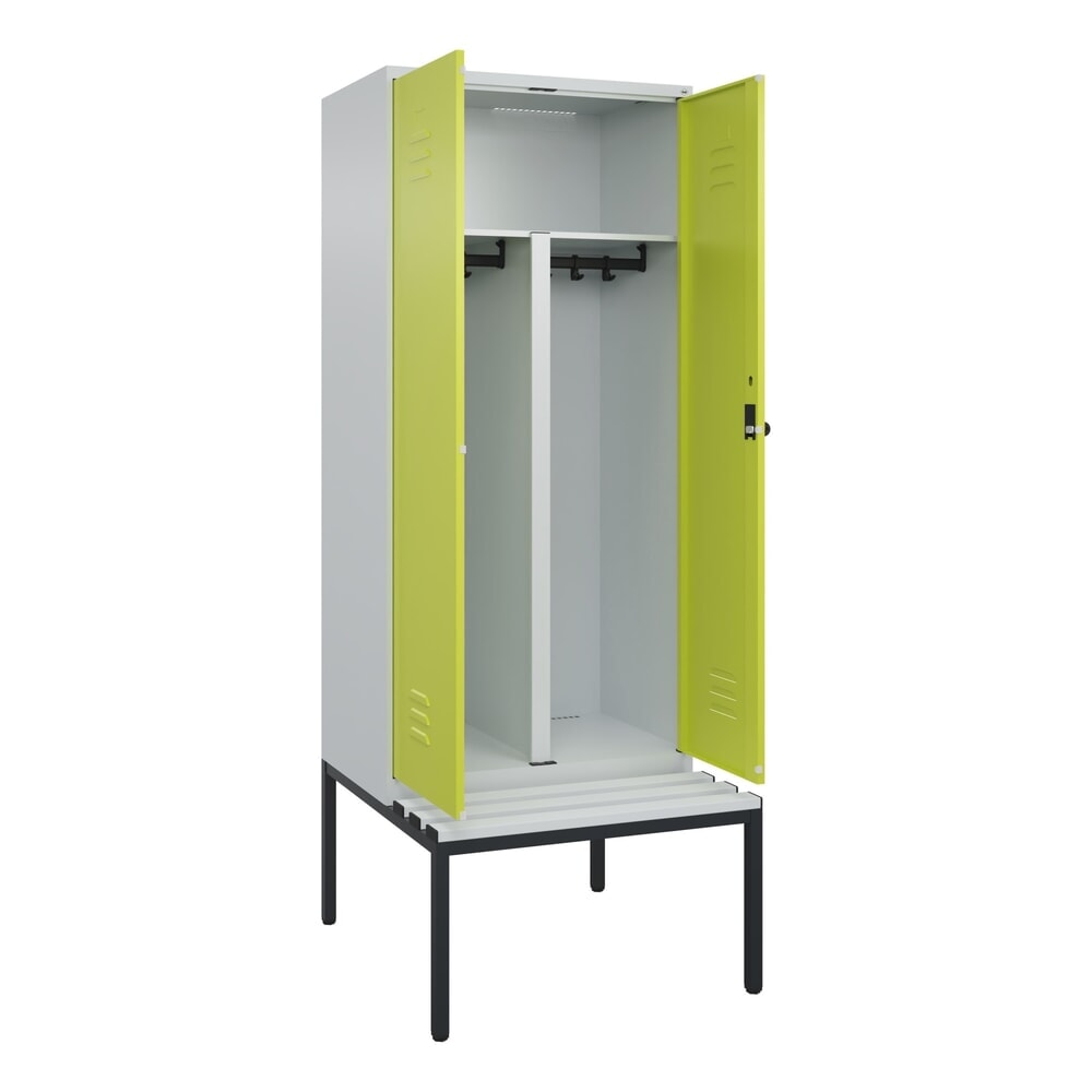 Produktabbildung Nr. 1: C+P PSA Doppel-Spind Classic PLUS, 2 Abteile, HxBxT 2.120 x 800 x 815 mm, für Vorhängeschloss, untergebaute Bank aus Kunststoff, lichtgrau, clowngrün