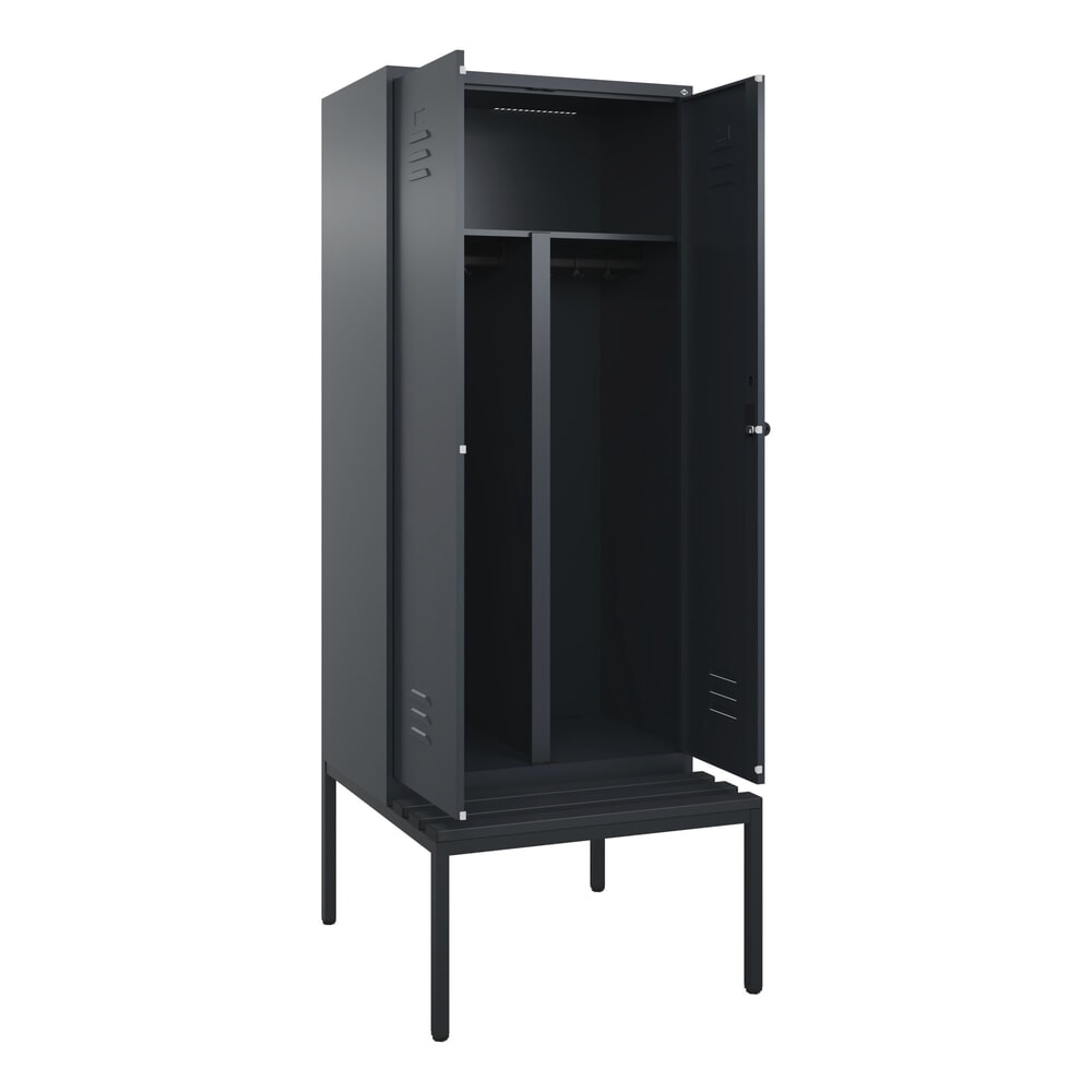 Produktabbildung: C+P PSA Doppel-Spind Classic PLUS, 2 Abteile, HxBxT 2.120 x 800 x 815 mm, für Vorhängeschloss, untergebaute Bank aus Kunststoff, anthrazitgrau, anthrazitgrau