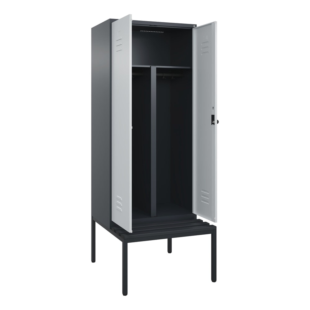 Produktabbildung: C+P PSA Doppel-Spind Classic PLUS, 2 Abteile, HxBxT 2.120 x 800 x 815 mm, für Vorhängeschloss, untergebaute Bank aus Kunststoff, anthrazitgrau, lichtgrau