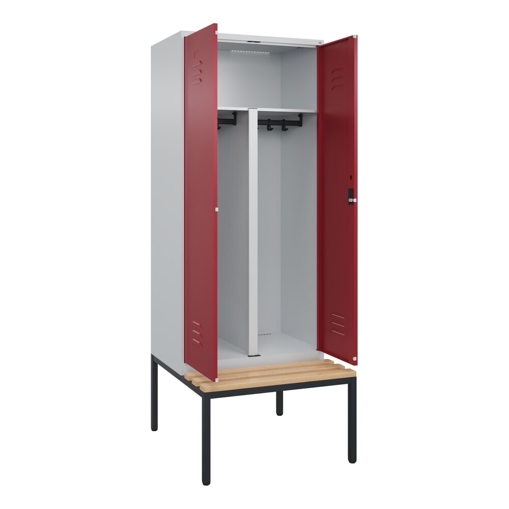 Produktabbildung: C+P PSA Doppel-Spind Classic PLUS, 2 Abteile, HxBxT 2.120 x 800 x 815 mm, Zylinderschloss, untergebaute Bank aus Buche, lichtgrau, rubinrot