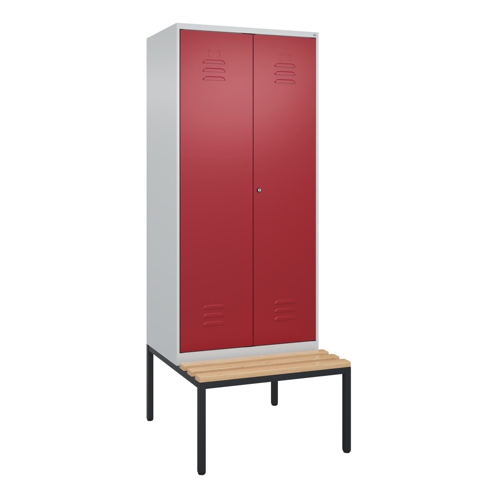 Produktabbildung Nr. 9: C+P PSA Doppel-Spind Classic PLUS, 2 Abteile, HxBxT 2.120 x 800 x 815 mm, Zylinderschloss, untergebaute Bank aus Buche, lichtgrau, rubinrot