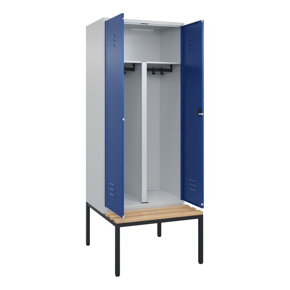 Produktabbildung: C+P PSA Doppel-Spind Classic PLUS, 2 Abteile, HxBxT 2.120 x 800 x 815 mm, Zylinderschloss, untergebaute Bank aus Buche, lichtgrau, enzianblau