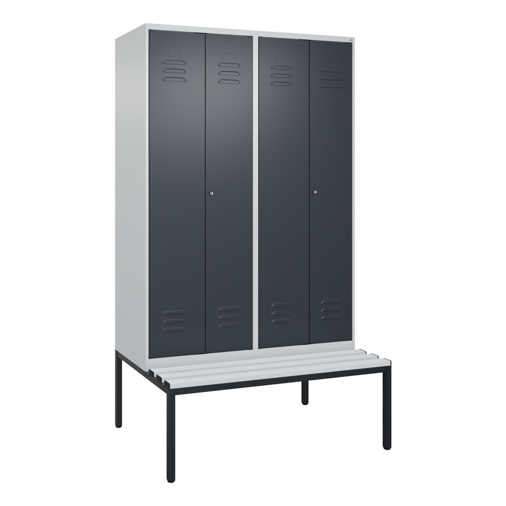Produktabbildung: C+P PSA Doppel-Spind Classic PLUS, 4 Abteile, HxBxT 2.120 x 1.200 x 815 mm, Zylinderschloss, untergebaute Bank aus Kunststoff, lichtgrau, anthrazitgrau