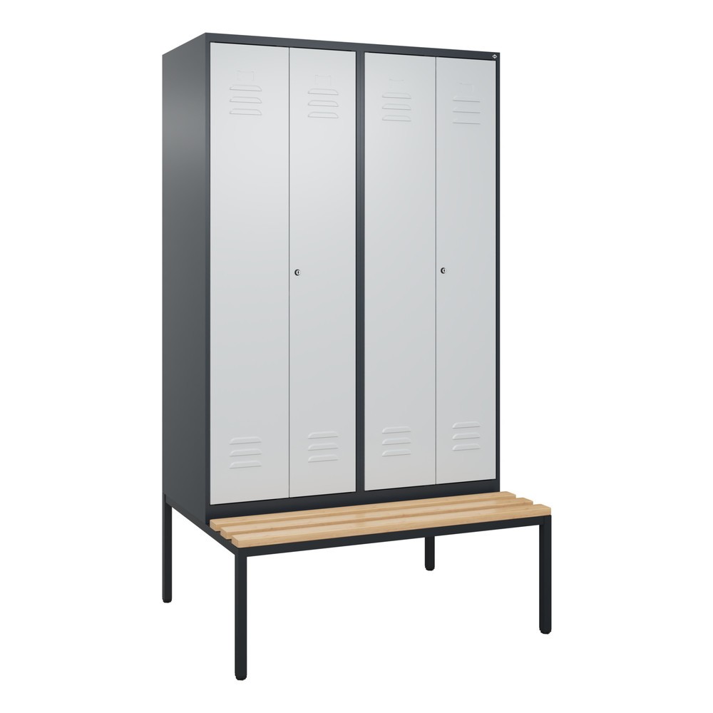 Produktabbildung: C+P PSA Doppel-Spind Classic PLUS, 4 Abteile, HxBxT 2.120 x 1.200 x 815 mm, Zylinderschloss, untergebaute Bank aus Buche, anthrazitgrau, lichtgrau