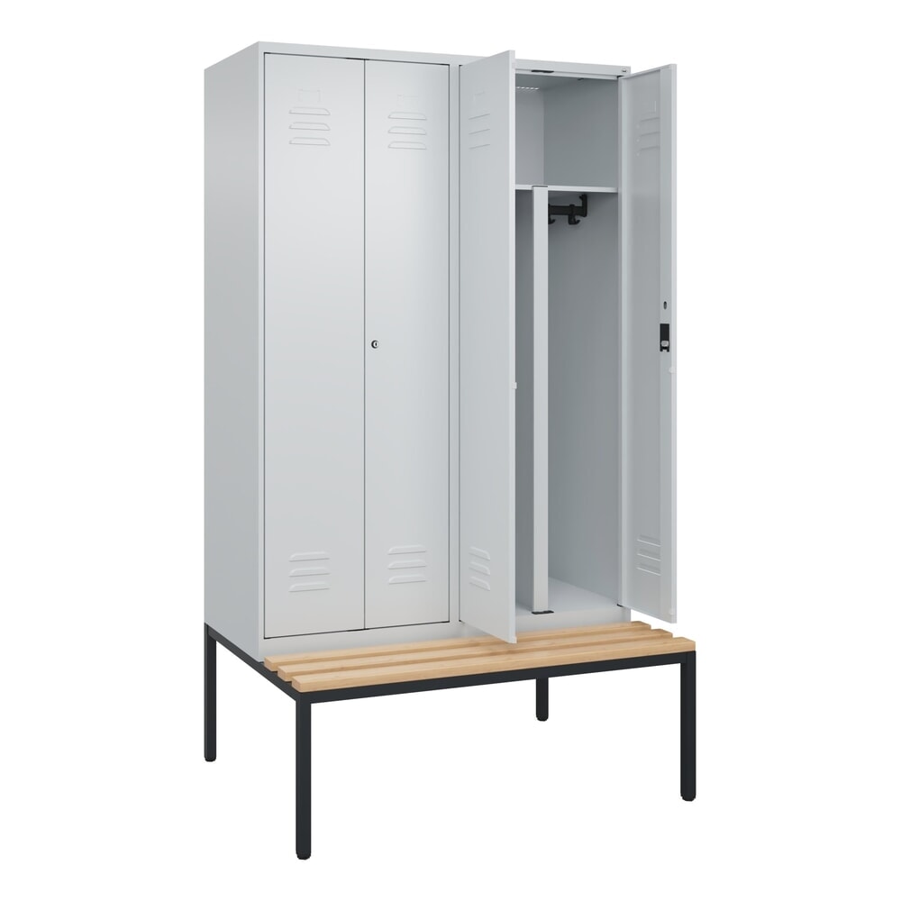 Produktabbildung: C+P PSA Doppel-Spind Classic PLUS, 4 Abteile, HxBxT 2.120 x 1.200 x 815 mm, Zylinderschloss, untergebaute Bank aus Buche, lichtgrau, lichtgrau