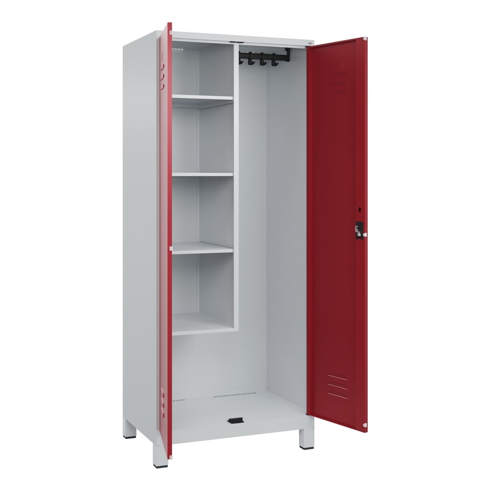Produktabbildung: C+P Putzmittel-Spind Classic PLUS, Füße, 2 Abteile, HxBxT 1.950 x 800 x 500 mm, lichtgrau, rubinrot, Zylinderschloss