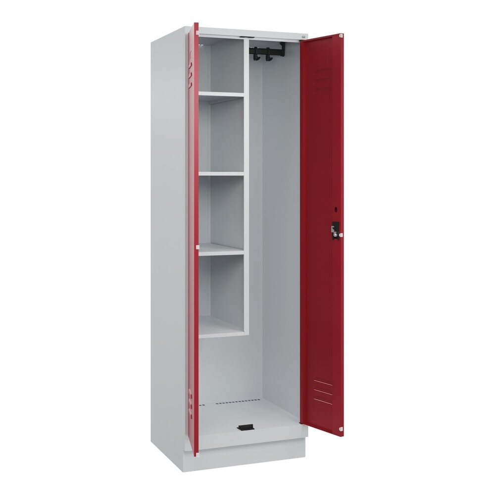 Produktabbildung: C+P Putzmittel-Spind Classic PLUS, Sockel, 2 Abteile, HxBxT 1.950 x 600 x 500 mm, lichtgrau, rubinrot, Zylinderschloss
