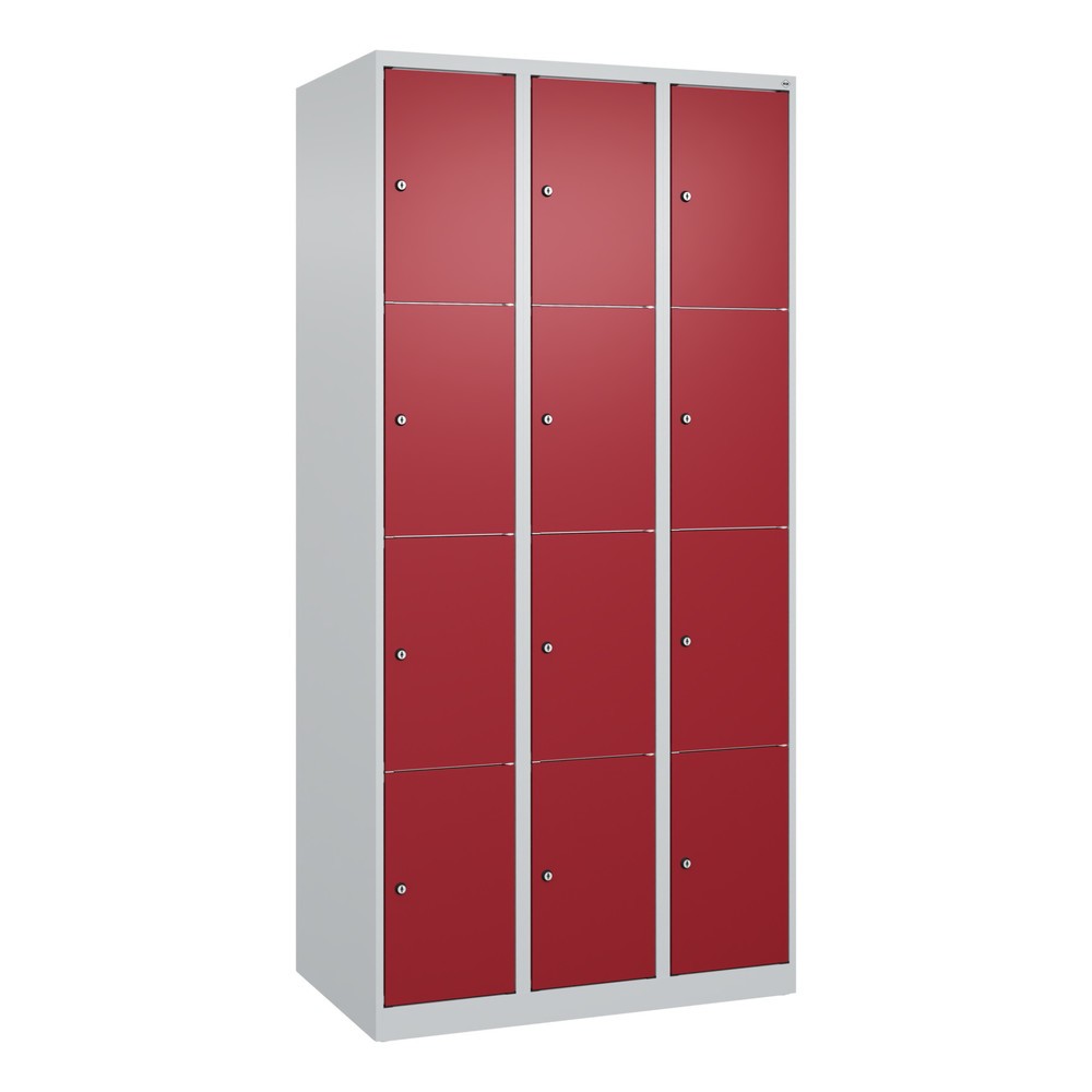 Produktabbildung: C+P Schließfachschrank Classic PLUS, 3 Abteile, HxBxT 1.850 x 900 x 500 mm, lichtgrau, rubinrot, 12 Fächer, Zylinderschloss