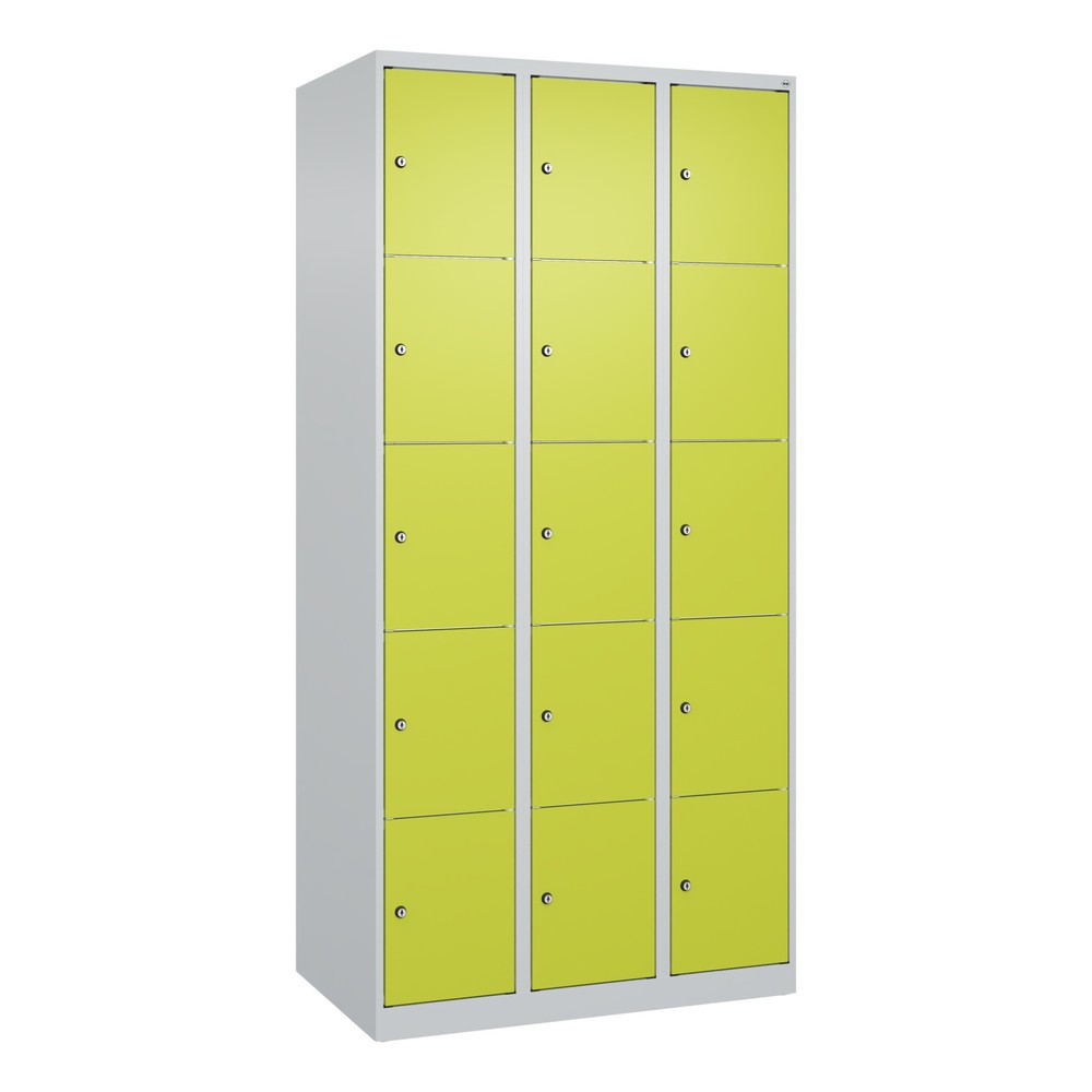 Produktabbildung: C+P Schließfachschrank Classic PLUS, 3 Abteile, HxBxT 1.850 x 900 x 500 mm, lichtgrau, clowngrün, 15 Fächer, Zylinderschloss