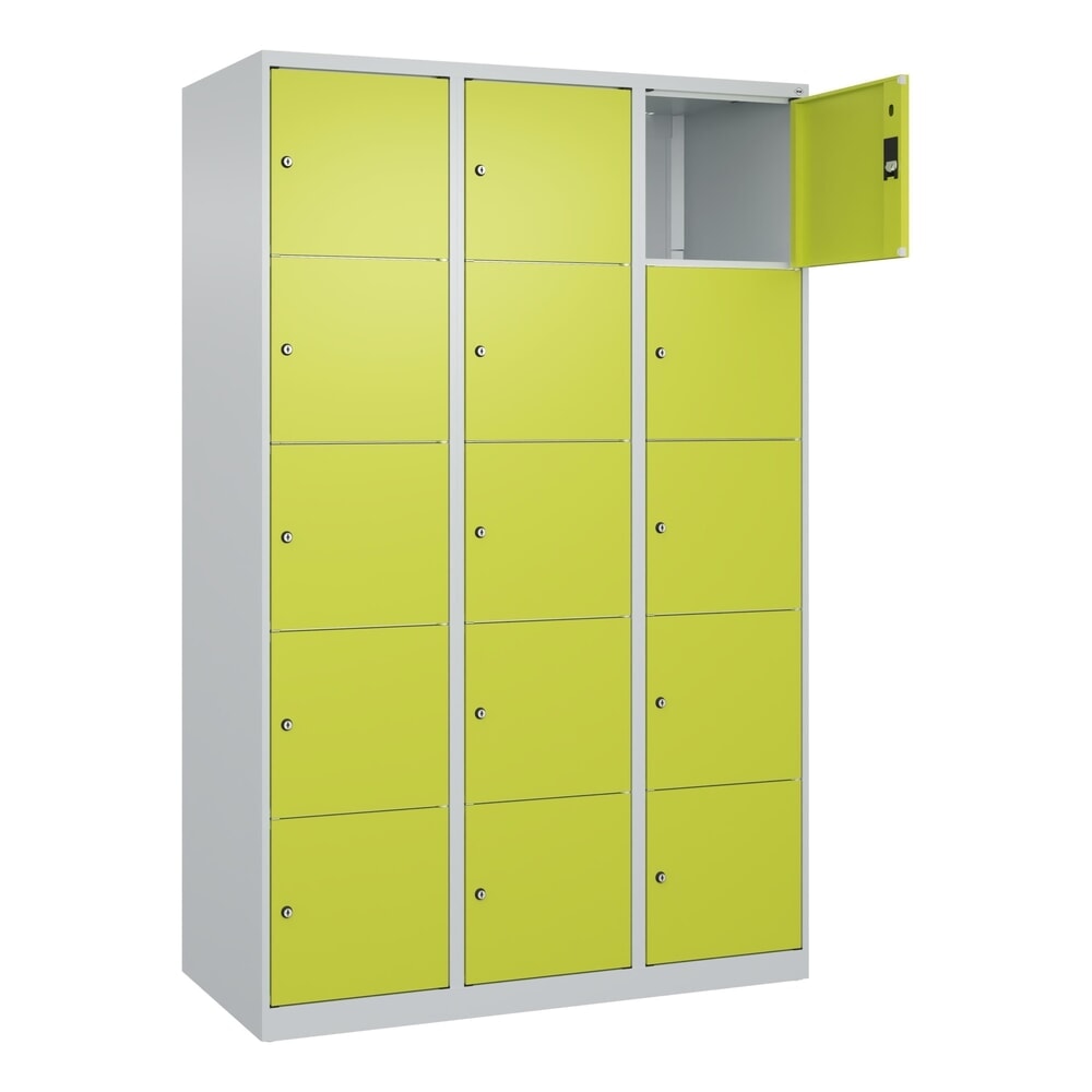 Produktabbildung: C+P Schließfachschrank Classic PLUS, 3 Abteile, HxBxT 1.850 x 1.200 x 500 mm, lichtgrau, clowngrün, 15 Fächer, Zylinderschloss