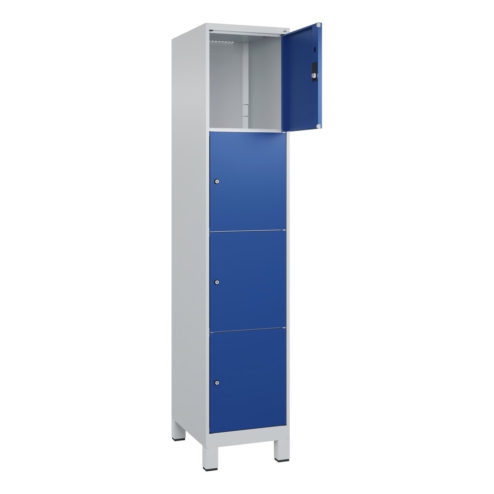 C+P Schließfachschrank Classic PLUS, Füße, 1 Abteil, HxBxT 1.950 x 400 x 500 mm, lichtgrau, enzianblau, 4 Fächer, Zylinderschloss Produktabbildung: C+P Schließfachschrank Classic PLUS, Füße, 1 Abteil, HxBxT 1.950 x 400 x 500 mm, lichtgrau, enzianblau, 4 Fächer, Zylinderschloss