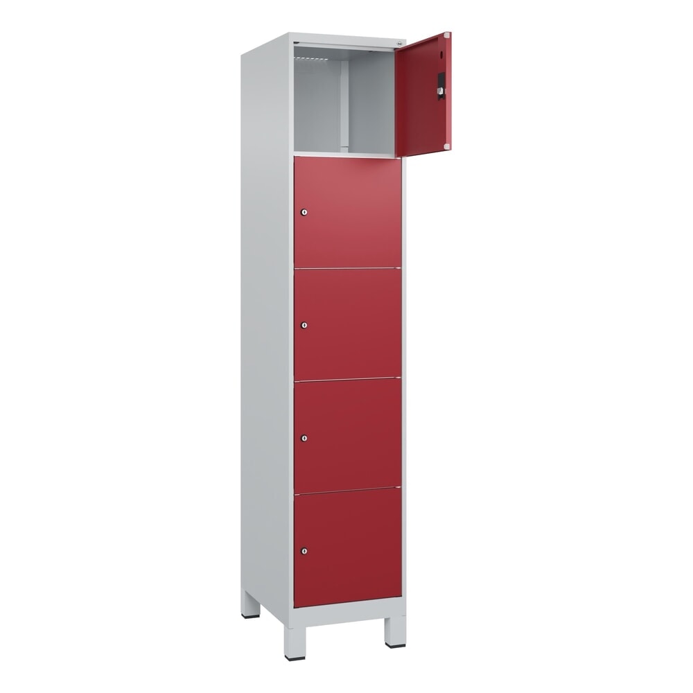 C+P Schließfachschrank Classic PLUS, Füße, 1 Abteil, HxBxT 1.950 x 400 x 500 mm, lichtgrau, rubinrot, 5 Fächer, Zylinderschloss Produktabbildung: C+P Schließfachschrank Classic PLUS, Füße, 1 Abteil, HxBxT 1.950 x 400 x 500 mm, lichtgrau, rubinrot, 5 Fächer, Zylinderschloss