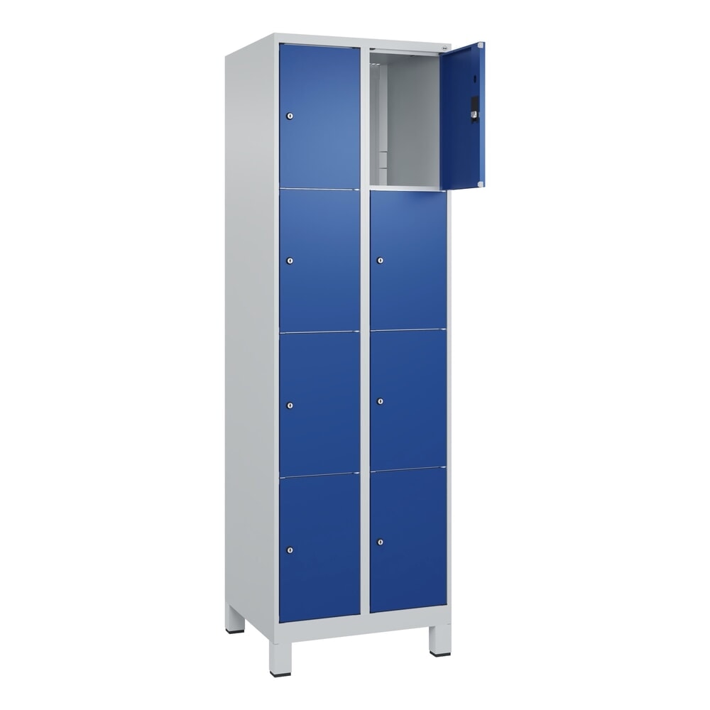 Produktabbildung: C+P Schließfachschrank Classic PLUS, Füße, 2 Abteile, HxBxT 1.950 x 600 x 500 mm, lichtgrau, enzianblau, 8 Fächer, Zylinderschloss