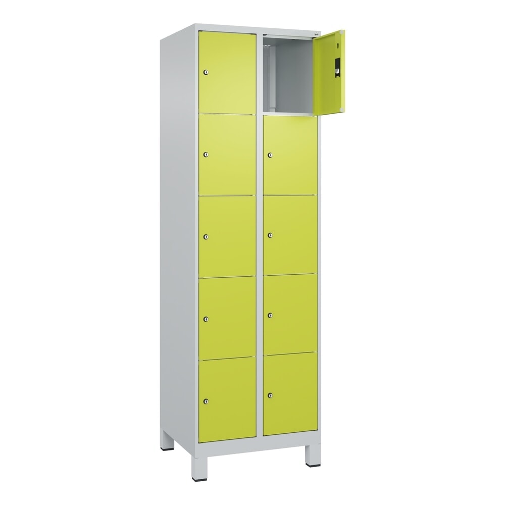 Produktabbildung Nr. 1: C+P Schließfachschrank Classic PLUS, Füße, 2 Abteile, HxBxT 1.950 x 600 x 500 mm, lichtgrau, clowngrün, 10 Fächer, Zylinderschloss