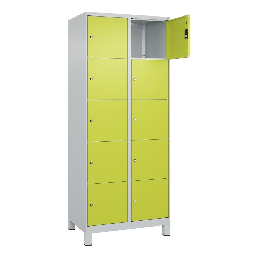 Produktabbildung: C+P Schließfachschrank Classic PLUS, Füße, 2 Abteile, HxBxT 1.950 x 800 x 500 mm, lichtgrau, clowngrün, 10 Fächer, Zylinderschloss