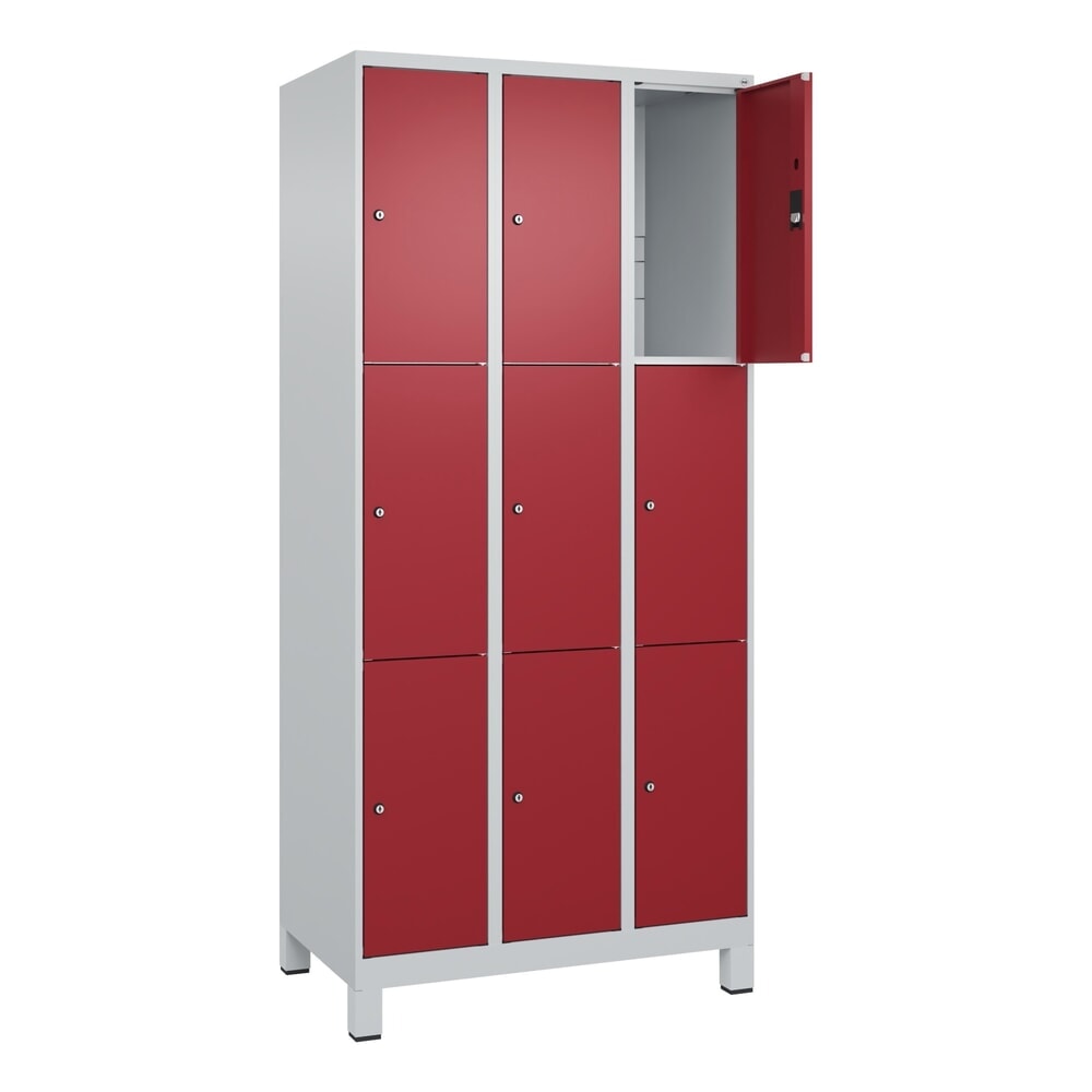 Produktabbildung: C+P Schließfachschrank Classic PLUS, Füße, 3 Abteile, HxBxT 1.950 x 900 x 500 mm, lichtgrau, rubinrot, 9 Fächer, Zylinderschloss
