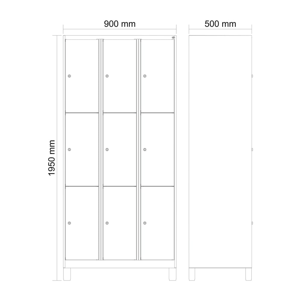 Produktabbildung Nr. 8: C+P Schließfachschrank Classic PLUS, Füße, 3 Abteile, HxBxT 1.950 x 900 x 500 mm, lichtgrau, clowngrün, 9 Fächer, Zylinderschloss