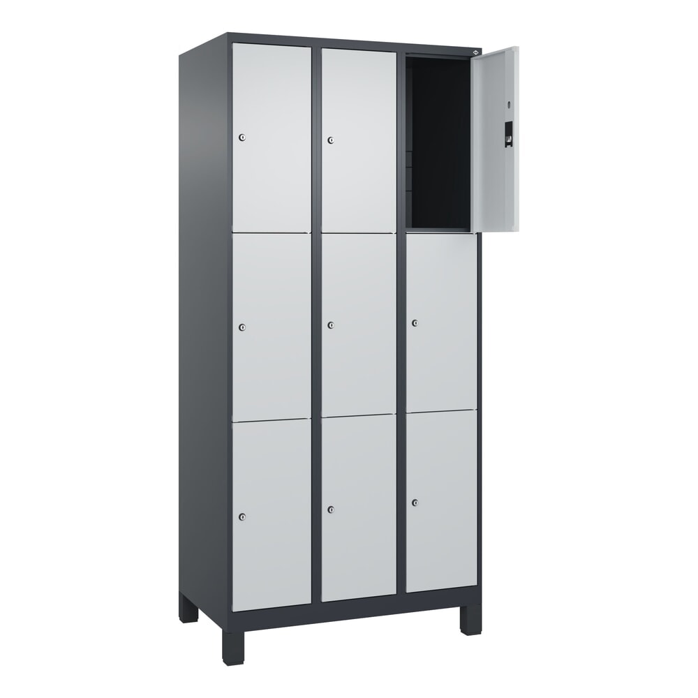 Produktabbildung: C+P Schließfachschrank Classic PLUS, Füße, 3 Abteile, HxBxT 1.950 x 900 x 500 mm, anthrazitgrau, lichtgrau, 9 Fächer, Zylinderschloss