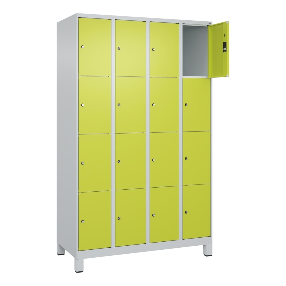 Produktabbildung: C+P Schließfachschrank Classic PLUS, Füße, 4 Abteile, HxBxT 1.950 x 1.200 x 500 mm, lichtgrau, clowngrün, 16 Fächer, Zylinderschloss