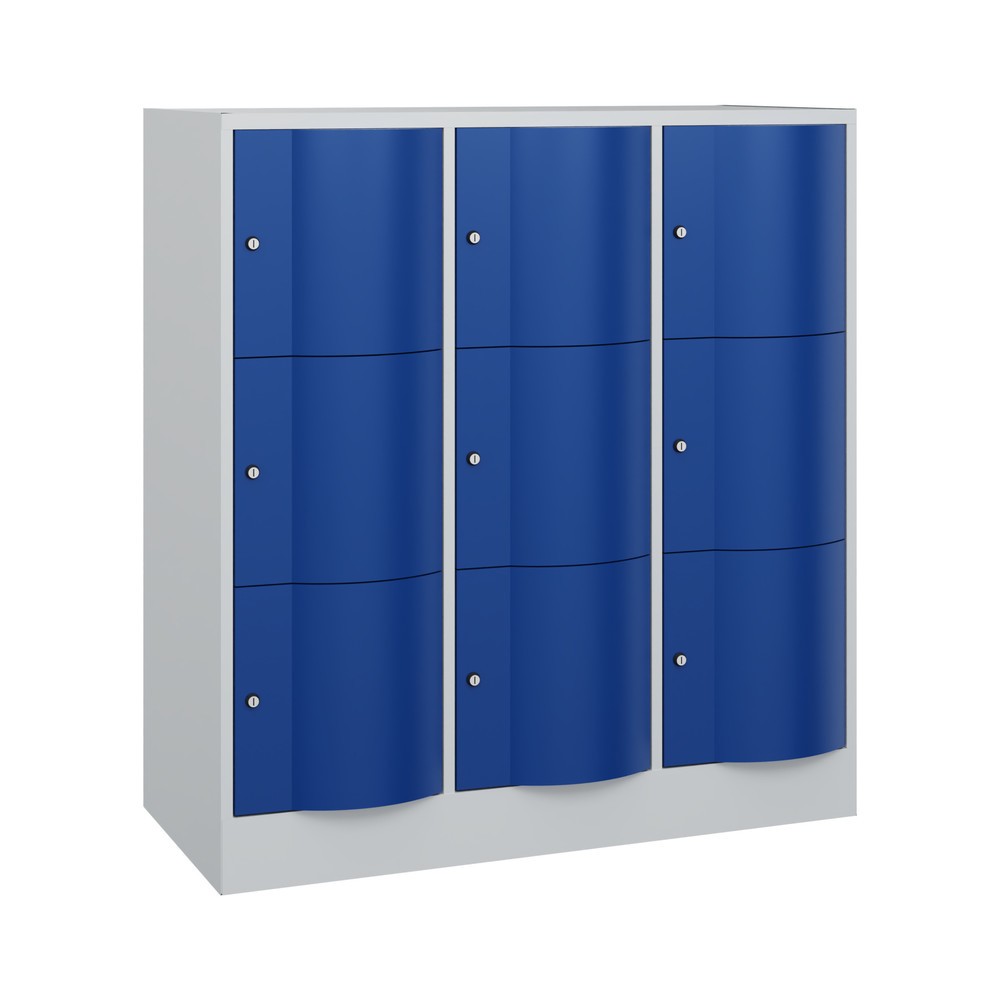 Produktabbildung Nr. 1: C+P Schließfachschrank mit "rabaukensicheren" Türen, 3 x 3 Fächer, HxBxT 1.225 x 1.150 x 540 mm, lichtgrau, enzianblau