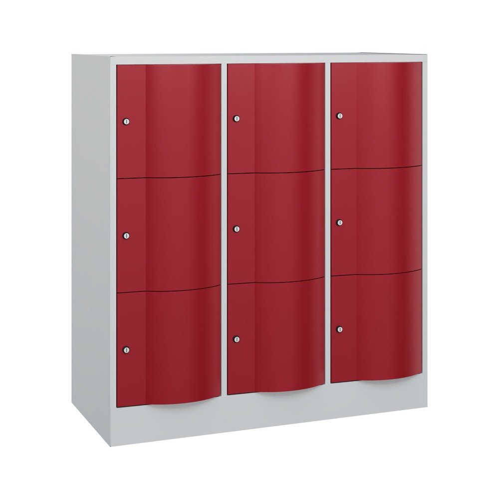 Produktabbildung: C+P Schließfachschrank mit "rabaukensicheren" Türen, 3 x 3 Fächer, HxBxT 1.225 x 1.150 x 540 mm, lichtgrau, rubinrot
