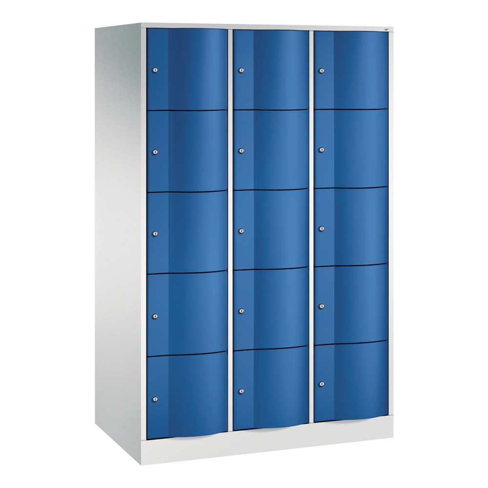 Produktabbildung: C+P Schließfachschrank mit 'rabaukensicheren' Türen, 3 x 5 Fächer, HxBxT 1.950 x 1.150 x 640 mm, lichtgrau, enzianblau