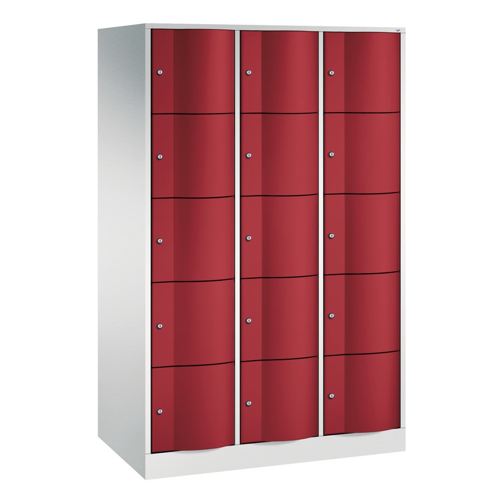 Produktabbildung: C+P Schließfachschrank mit 'rabaukensicheren' Türen, 3 x 5 Fächer, HxBxT 1.950 x 1.150 x 640 mm, lichtgrau, rubinrot