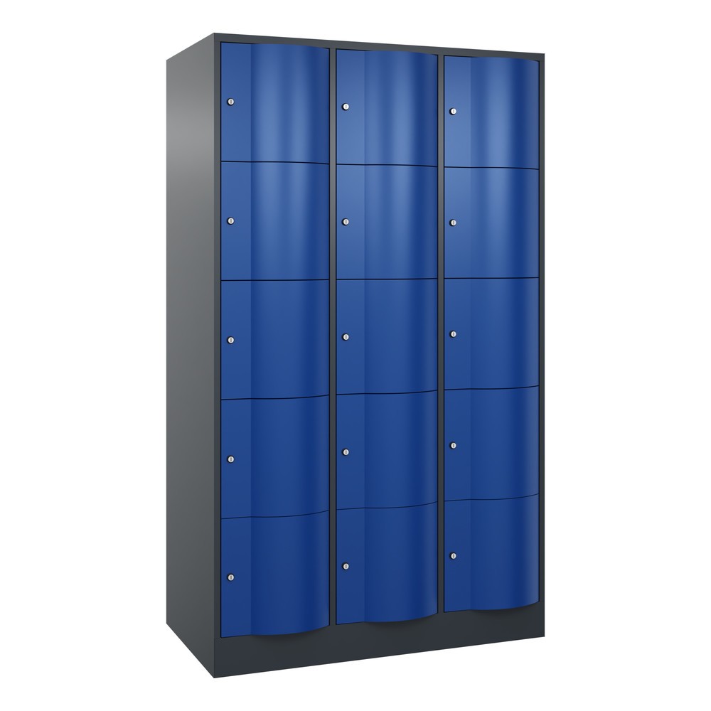 Produktabbildung Nr. 1: C+P Schließfachschrank mit 'rabaukensicheren' Türen, 3 x 5 Fächer, HxBxT 1.950 x 1.150 x 640 mm, anthrazitgrau, enzianblau