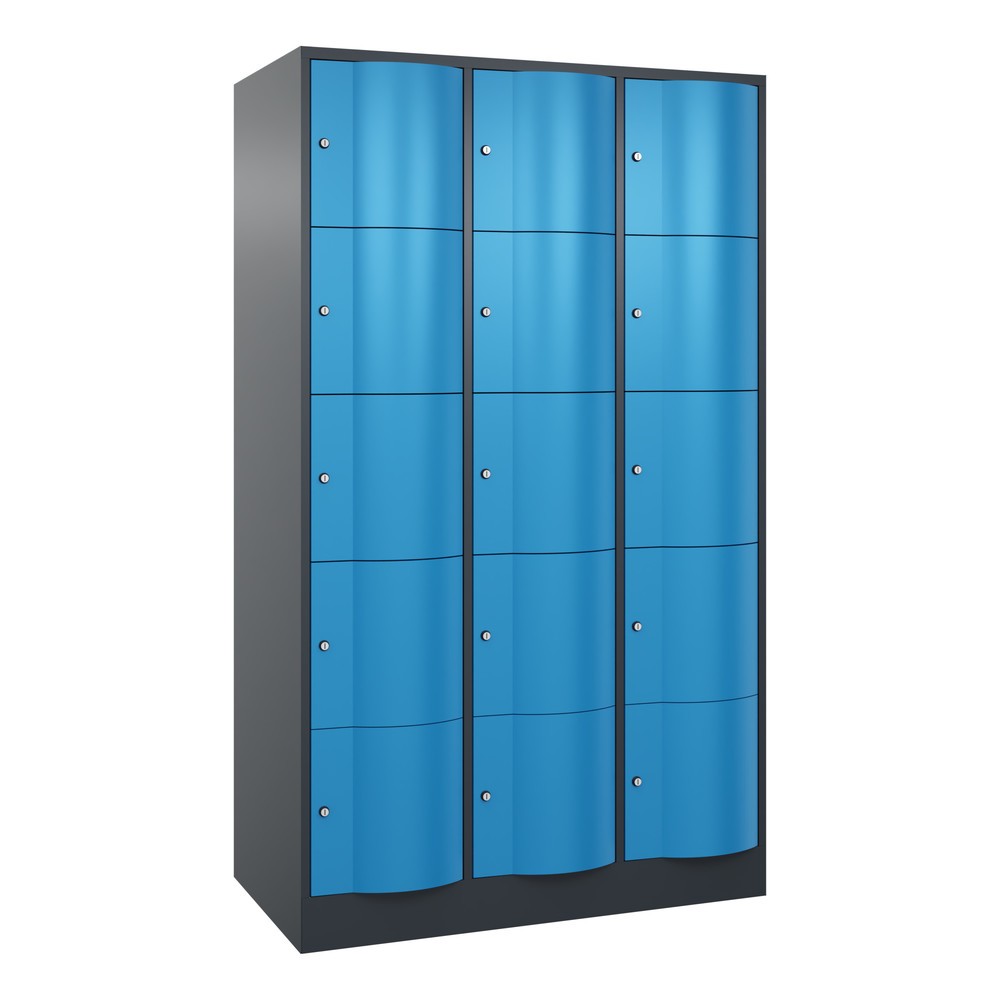 Produktabbildung: C+P Schließfachschrank mit 'rabaukensicheren' Türen, 3 x 5 Fächer, HxBxT 1.950 x 1.150 x 640 mm, anthrazitgrau, lichtblau