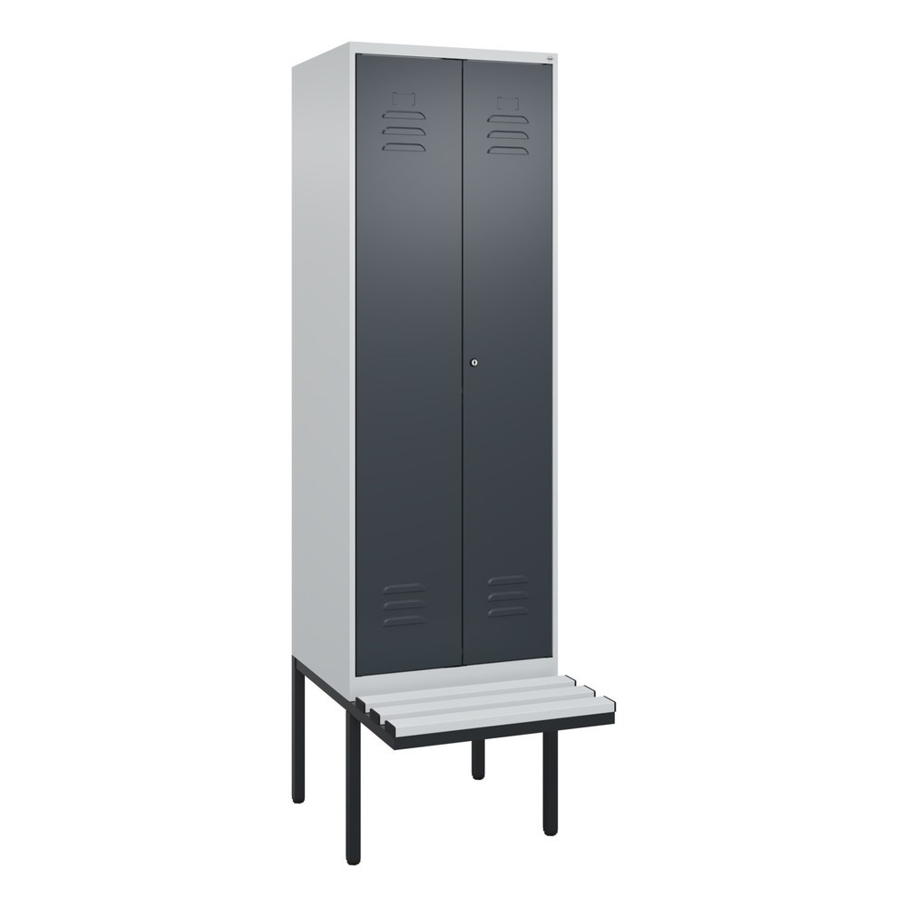 Produktabbildung: C+P Schwarz-Weiß-Spind Classic PLUS, 2 Abteile, HxBxT 2.120 x 600 x 815 mm, Zylinderschloss, auskragende Bank aus Kunststoff, lichtgrau, anthrazitgrau
