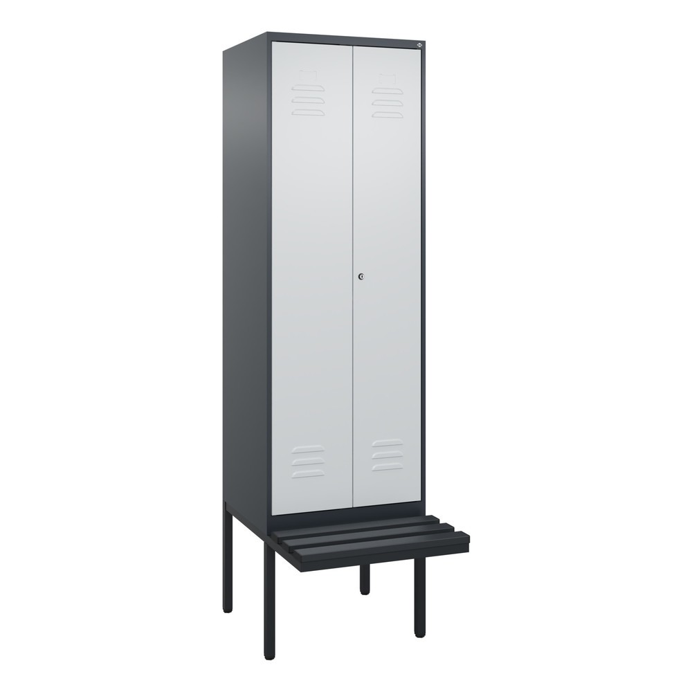 Produktabbildung: C+P Schwarz-Weiß-Spind Classic PLUS, 2 Abteile, HxBxT 2.120 x 600 x 815 mm, Zylinderschloss, auskragende Bank aus Kunststoff, anthrazitgrau, lichtgrau