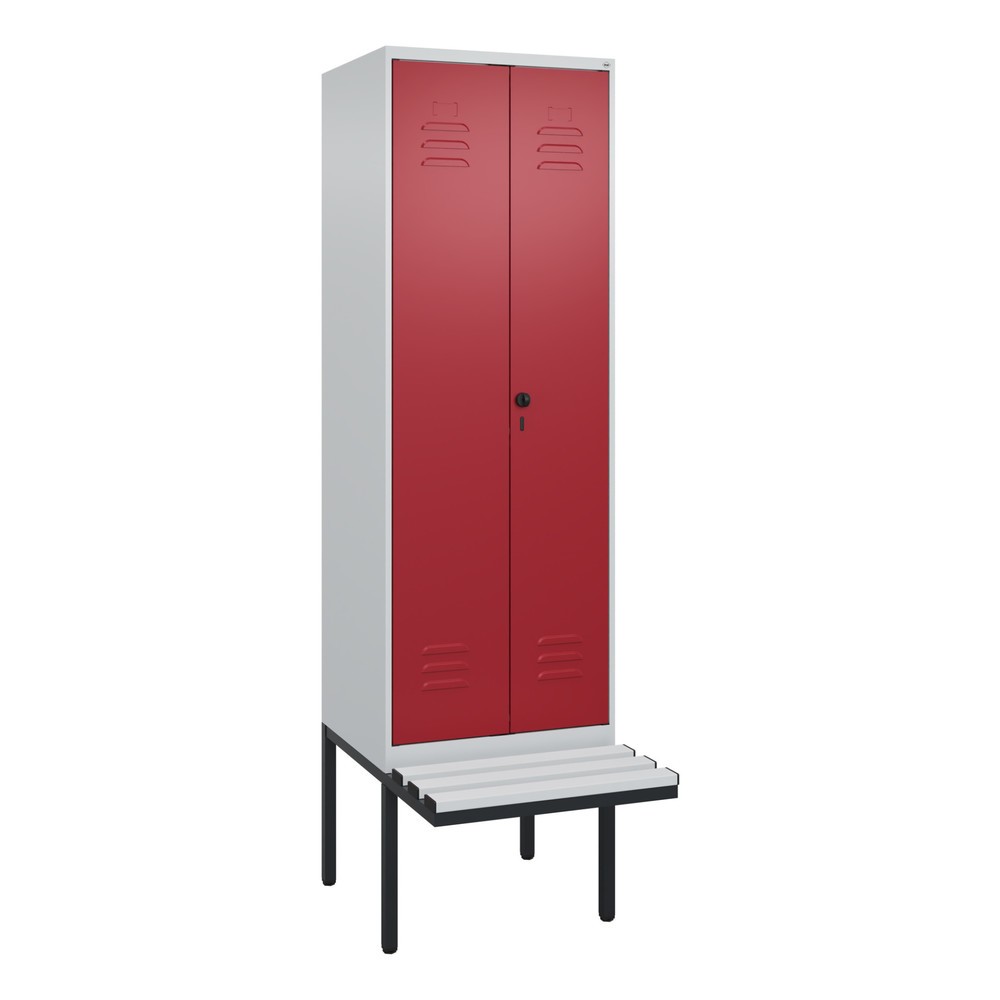 Produktabbildung: C+P Schwarz-Weiß-Spind Classic PLUS, 2 Abteile, HxBxT 2.120 x 600 x 815 mm, für Vorhängeschloss, auskragende Bank aus Kunststoff, lichtgrau, rubinrot