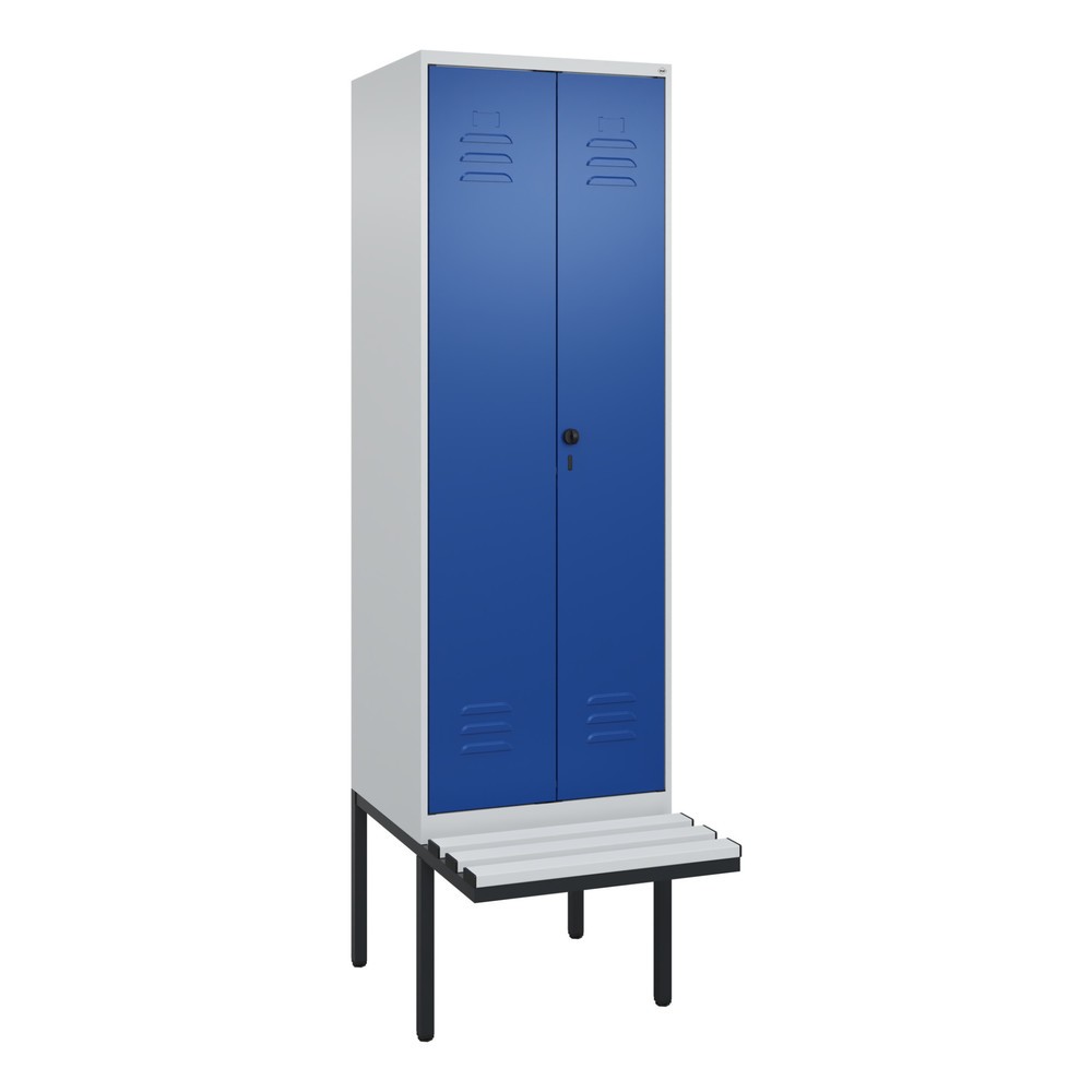 Produktabbildung: C+P Schwarz-Weiß-Spind Classic PLUS, 2 Abteile, HxBxT 2.120 x 600 x 815 mm, für Vorhängeschloss, auskragende Bank aus Kunststoff, lichtgrau, enzianblau