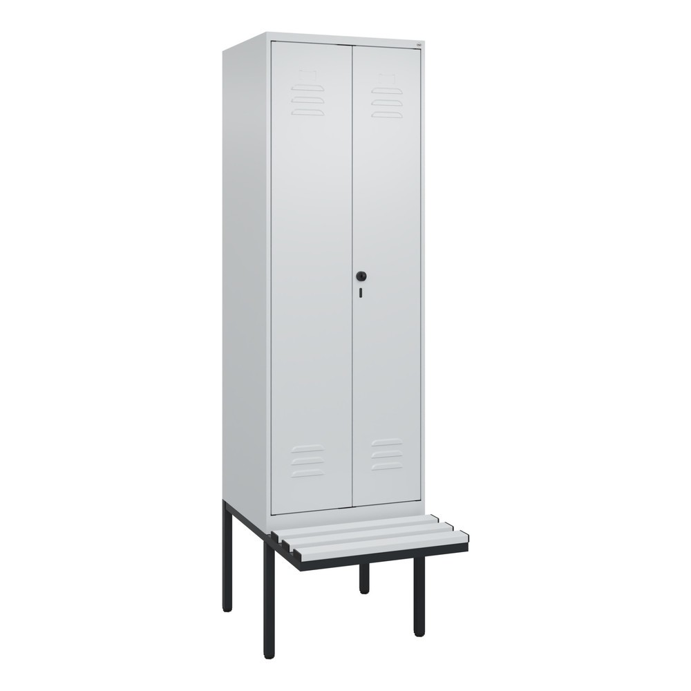 Produktabbildung: C+P Schwarz-Weiß-Spind Classic PLUS, 2 Abteile, HxBxT 2.120 x 600 x 815 mm, für Vorhängeschloss, auskragende Bank aus Kunststoff, lichtgrau, lichtgrau