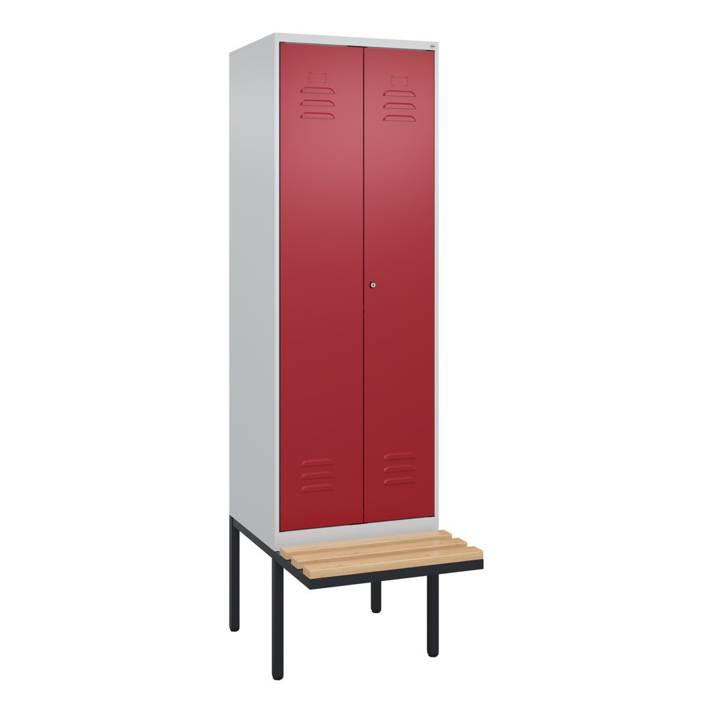 Produktabbildung: C+P Schwarz-Weiß-Spind Classic PLUS, 2 Abteile, HxBxT 2.120 x 600 x 815 mm, Zylinderschloss, auskragende Bank aus Buche, lichtgrau, rubinrot