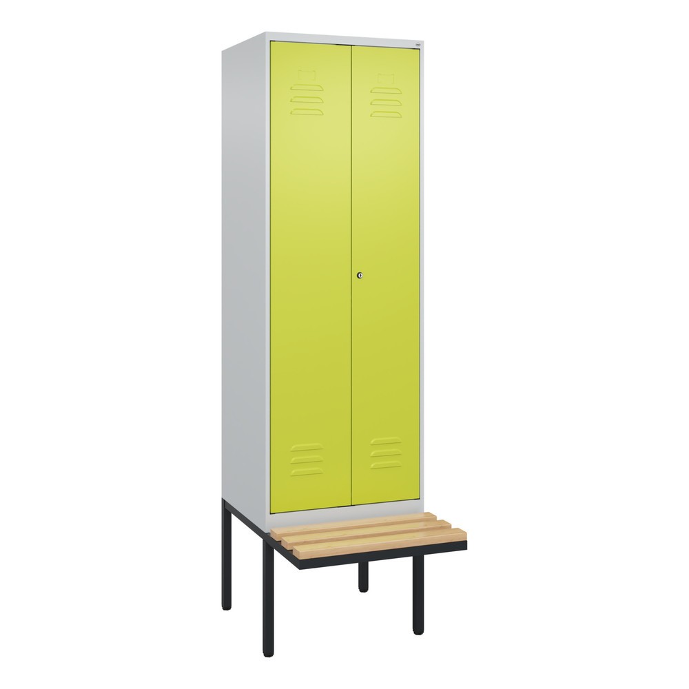 Produktabbildung: C+P Schwarz-Weiß-Spind Classic PLUS, 2 Abteile, HxBxT 2.120 x 600 x 815 mm, Zylinderschloss, auskragende Bank aus Buche, lichtgrau, clowngrün