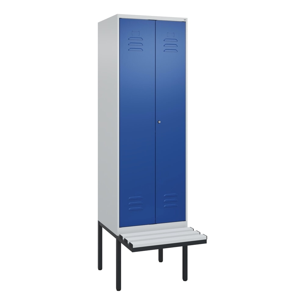 N° de l'image du produit 9 : C+P Schwarz-Weiß-Spind Classic PLUS, 2 Abteile, HxBxT 2.120 x 600 x 815 mm, Zylinderschloss, auskragende Bank aus Kunststoff, lichtgrau, enzianblau
