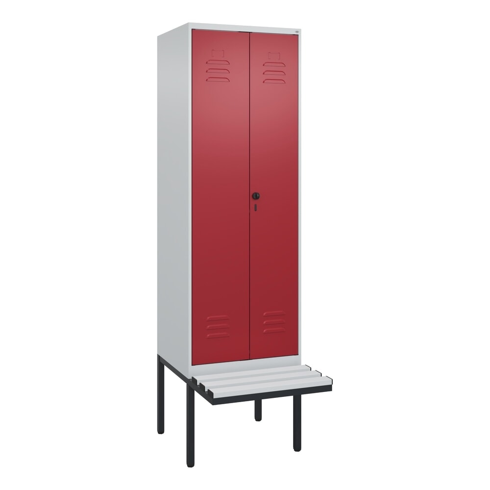 Produktabbildung Nr. 9: C+P Schwarz-Weiß-Spind Classic PLUS, 2 Abteile, HxBxT 2.120 x 600 x 815 mm, für Vorhängeschloss, auskragende Bank aus Kunststoff, lichtgrau, rubinrot