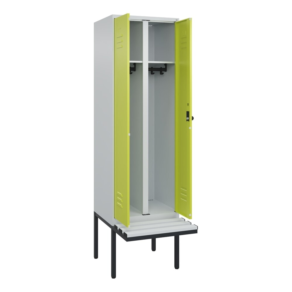 Produktabbildung: C+P Schwarz-Weiß-Spind Classic PLUS, 2 Abteile, HxBxT 2.120 x 600 x 815 mm, für Vorhängeschloss, auskragende Bank aus Kunststoff, lichtgrau, clowngrün