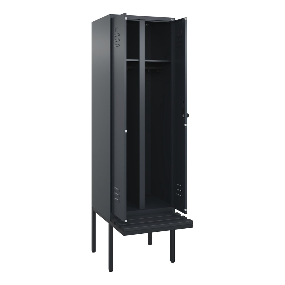 Illustration du produit: C+P Schwarz-Weiß-Spind Classic PLUS, 2 Abteile, HxBxT 2.120 x 600 x 815 mm, für Vorhängeschloss, auskragende Bank aus Kunststoff, anthrazitgrau, anthrazitgrau